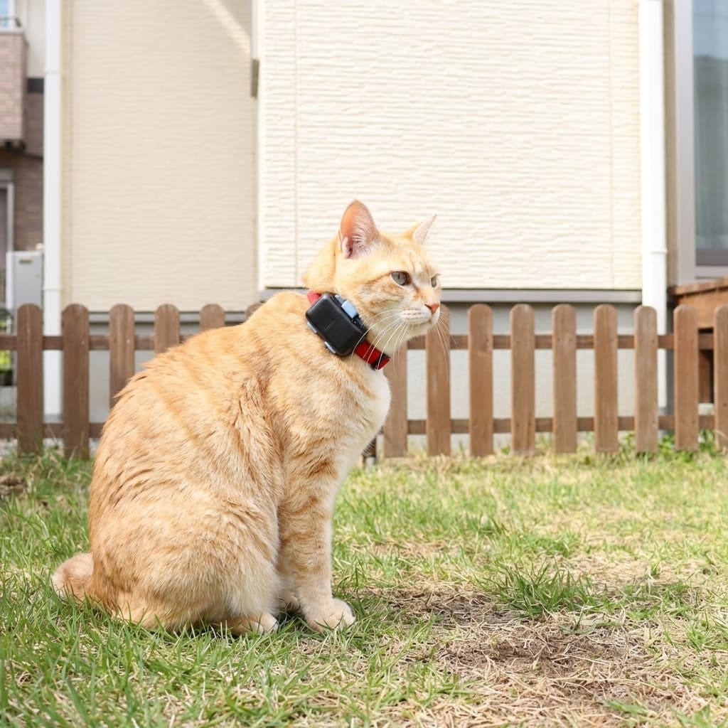 首輪にGPSデバイスを装着した猫