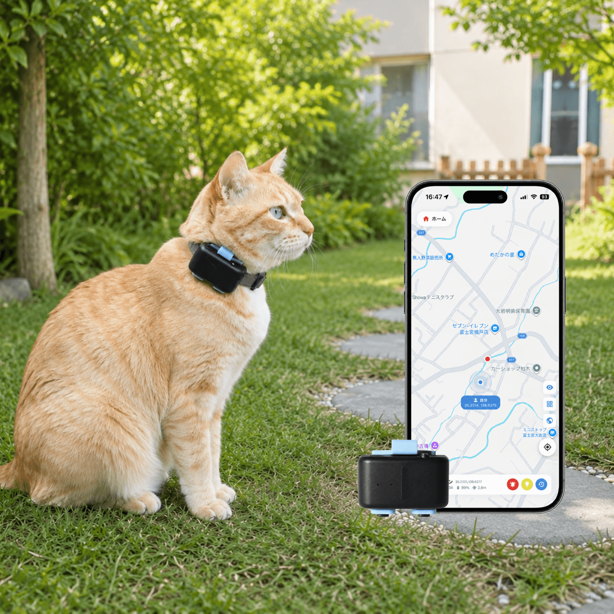首輪にGPSデバイスを装着した猫