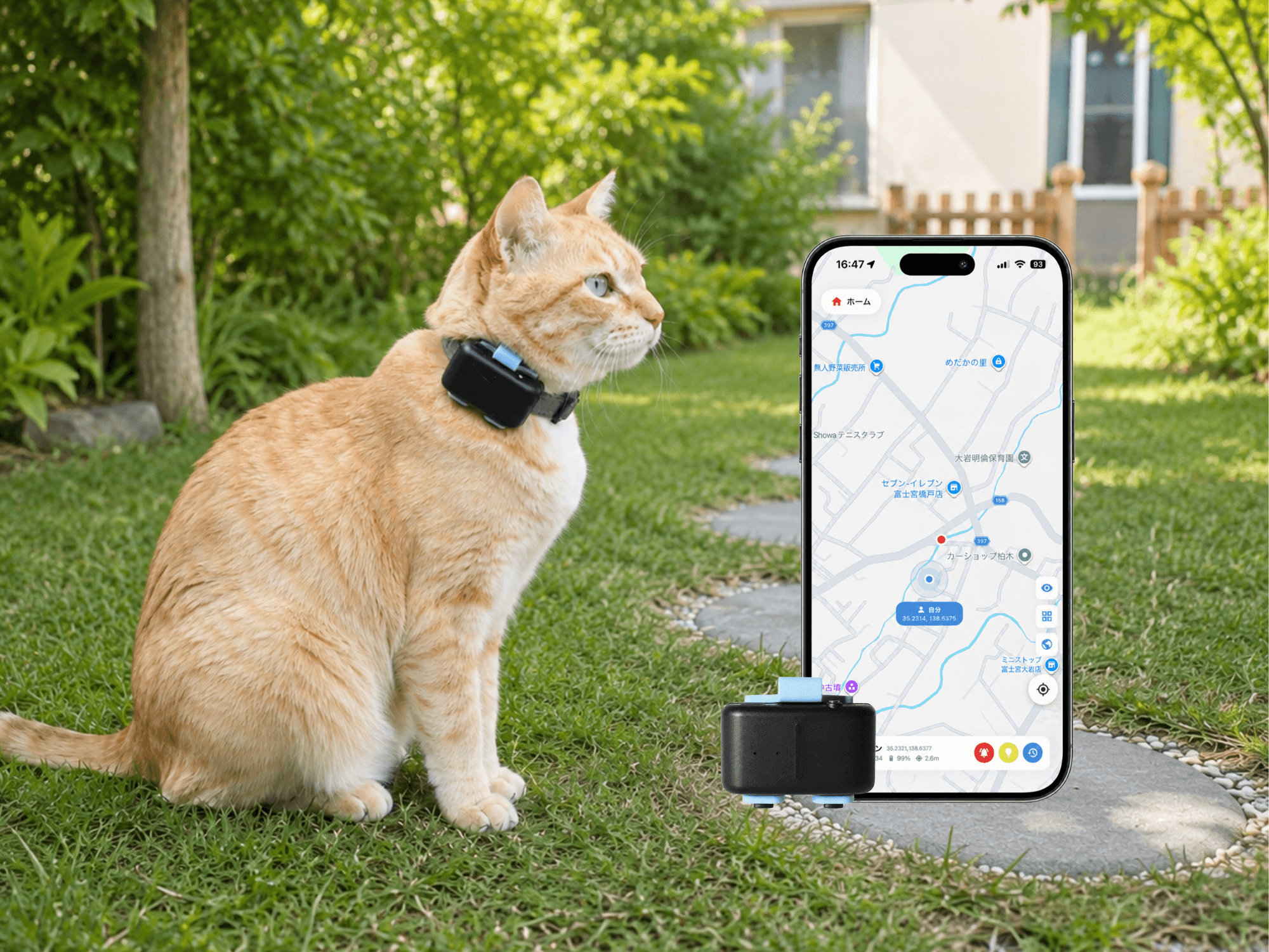 ねこなら GPSデバイスとアプリ画面